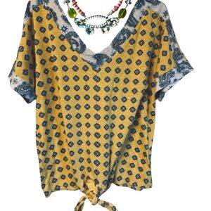 JM Collection Mustard and Navy Geometric Blouse